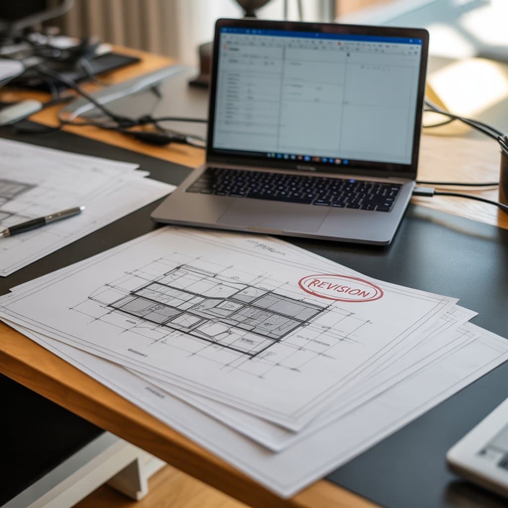 architectural drawings, a red revision stamp visible, and a laptop showing a document management interface