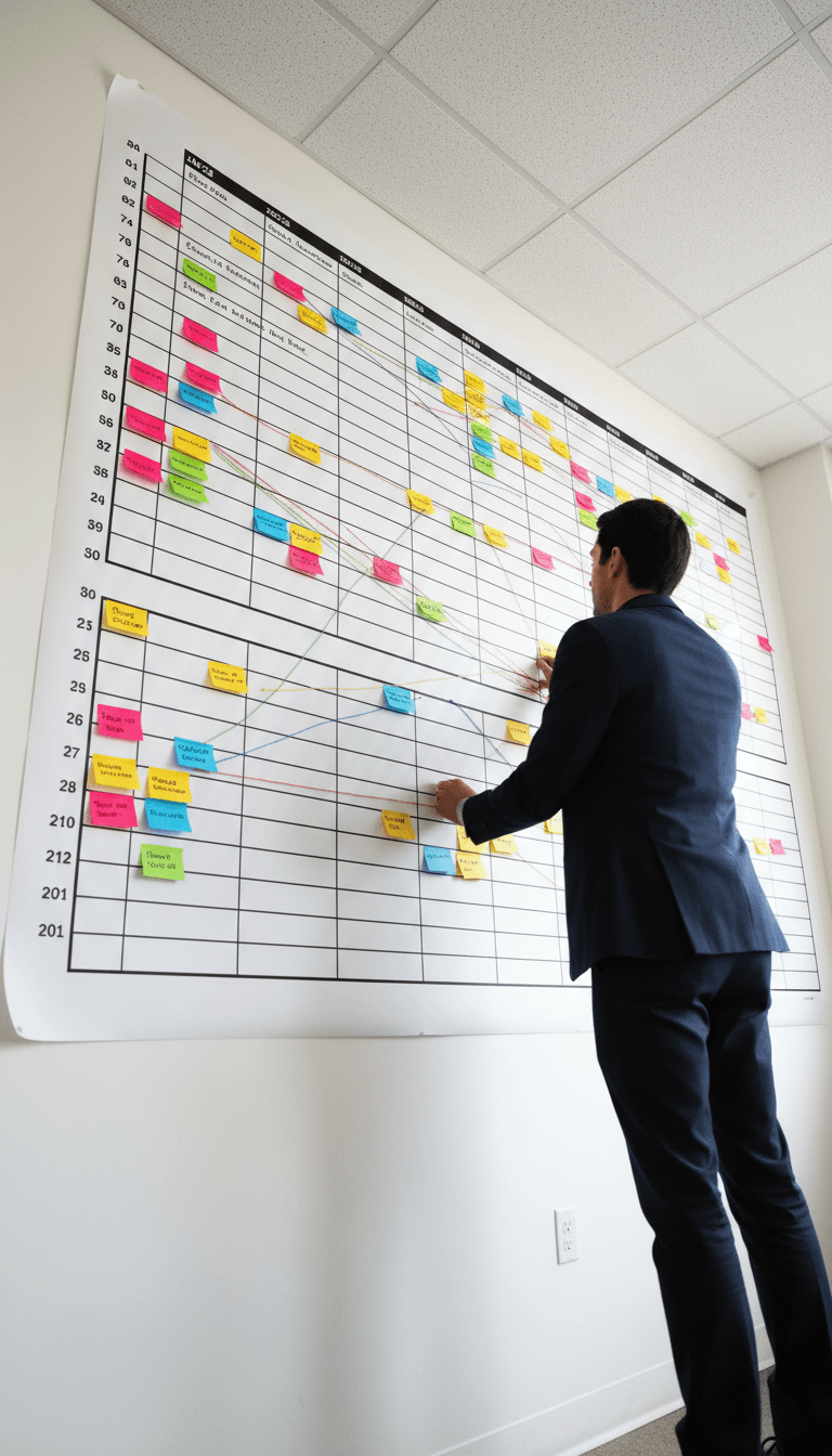 A large-format project timeline pinned to a wall, with colored sticky notes