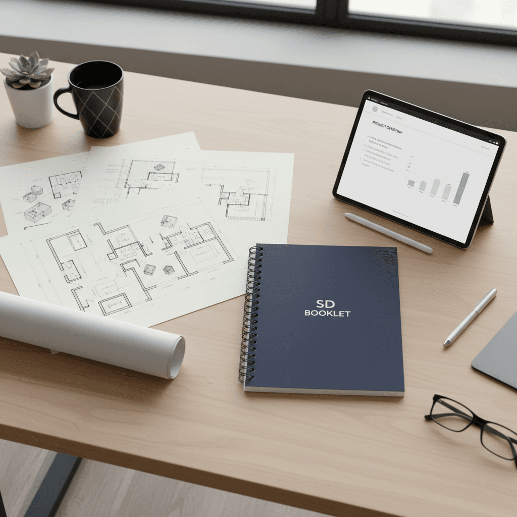 A presentation layout printed drawings, a bound booklet, a tablet showing a digital presentation.