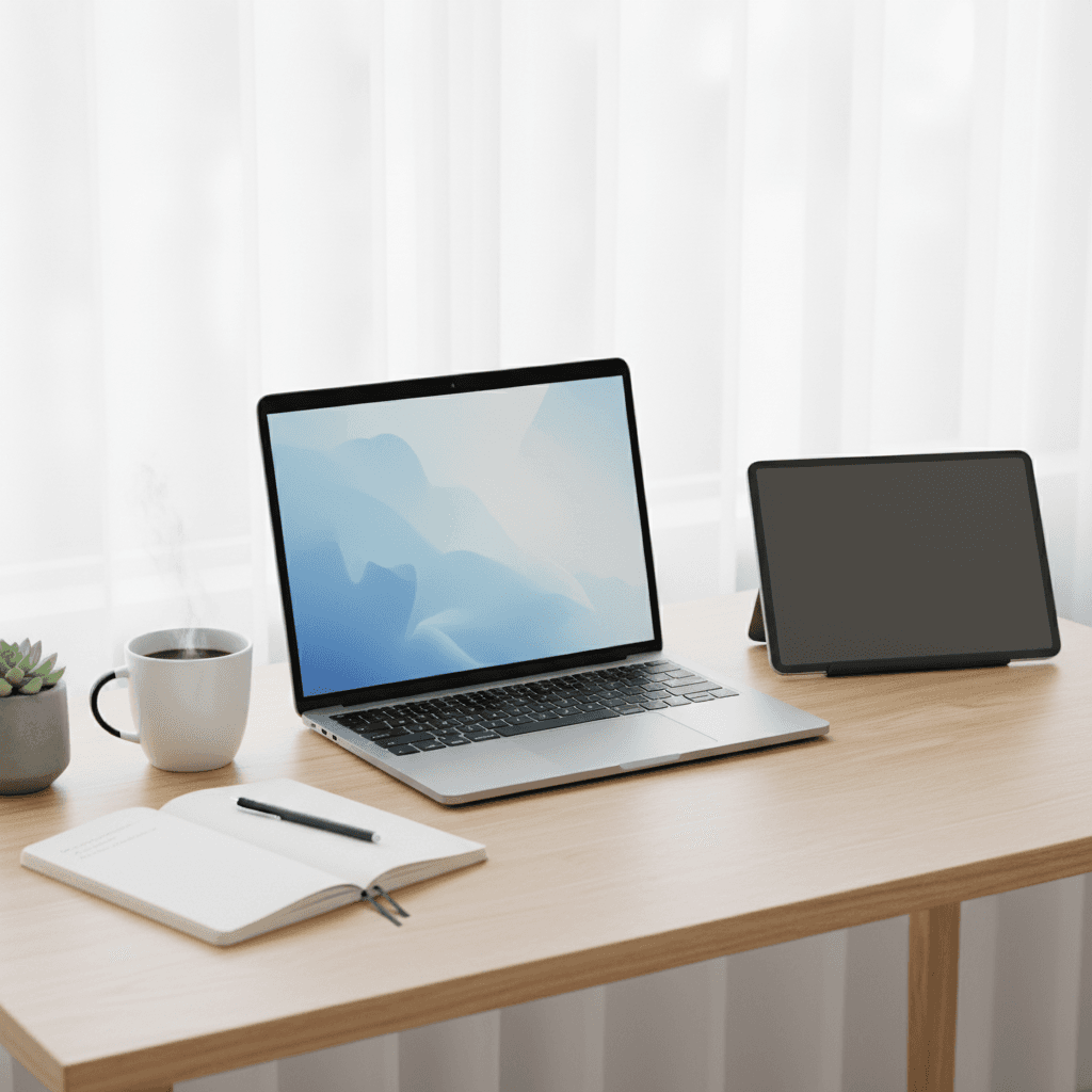 A clean desk with a laptop, tablet, and simple notebook. Minimalist. One coffee cup.