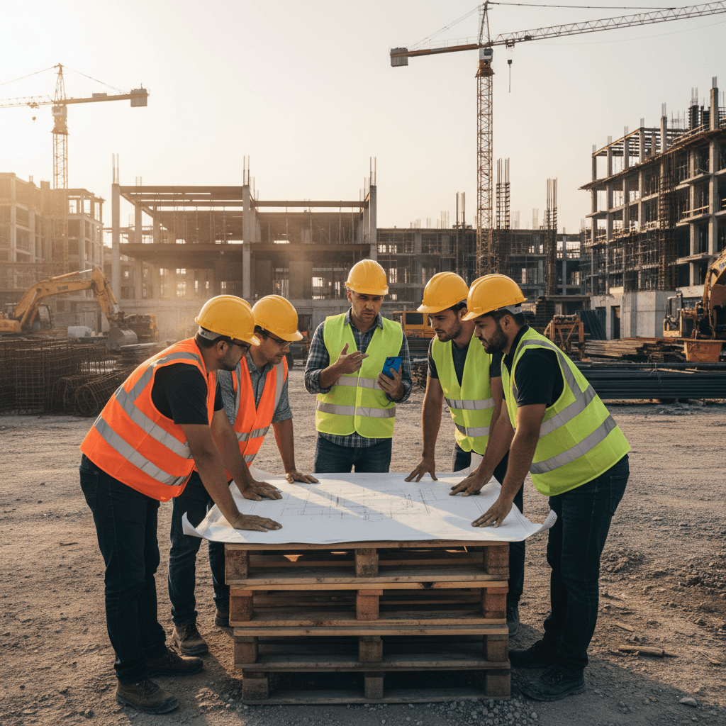 construction site with workers reviewing drawings