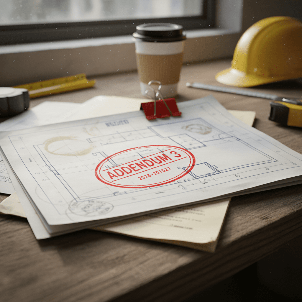 a printed drawing set with a red "ADDENDUM 3" stamp, paperclipped to a document.