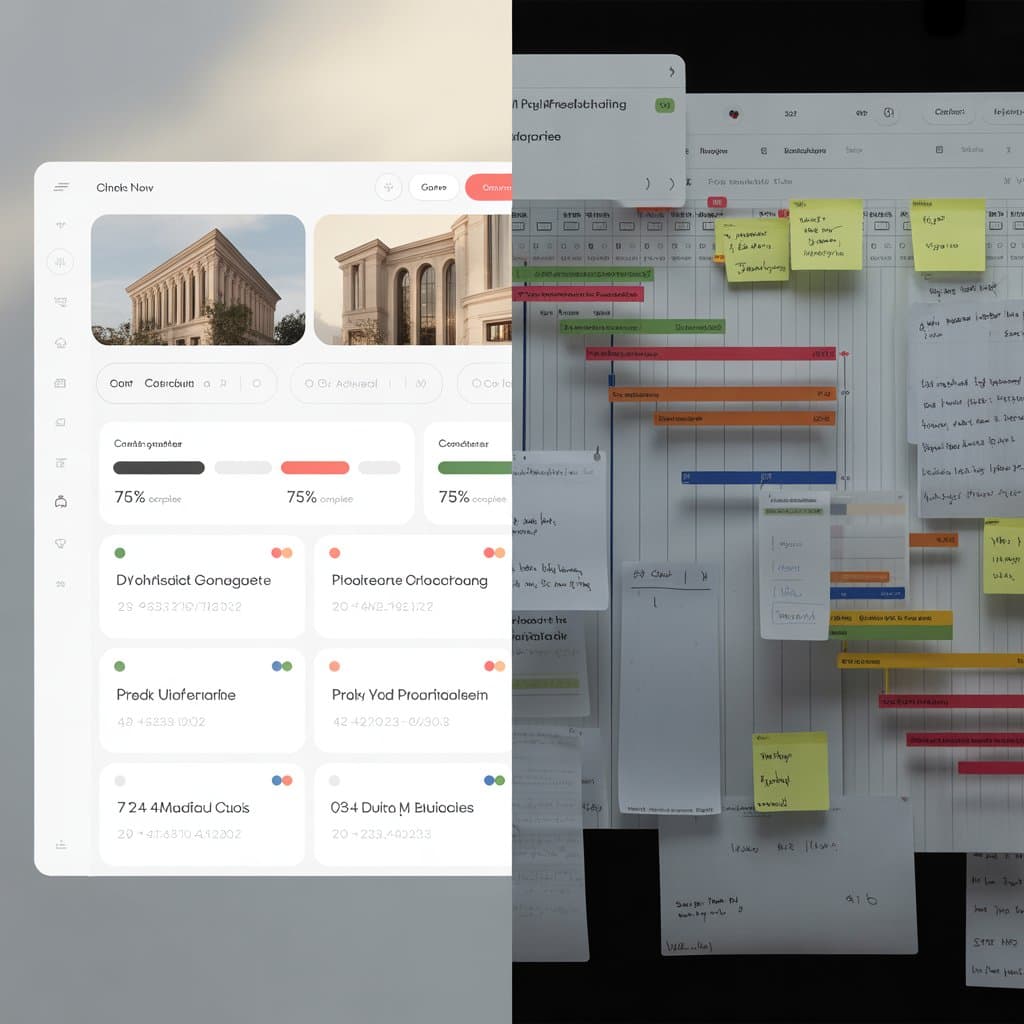split-image visual: one side shows a clean client view of a project with polished drawings and status updates; the other shows a more complex internal coordination view