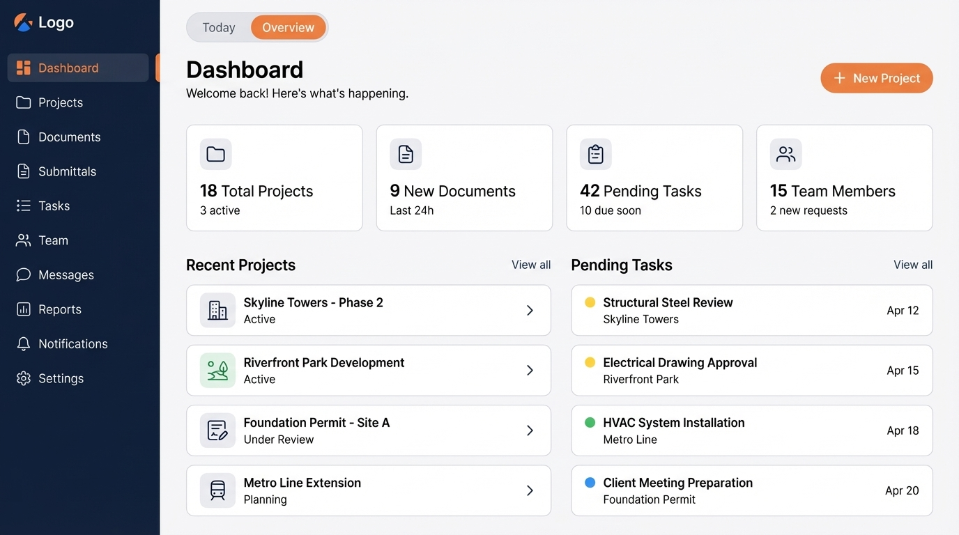 Olumba project dashboard showing portfolio overview with stats, projects, and pending tasks